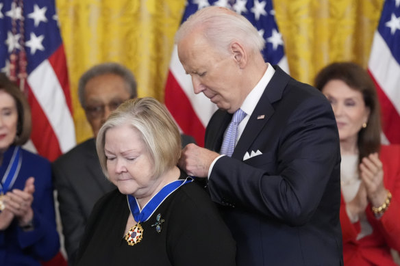 President Joe Biden awards the Presidential Medal of Freedom to Judy Shepard earlier this month.