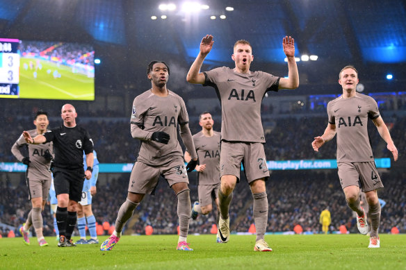Tottenham’s Dejan Kulusevski celebrates after scoring in the 90th minute to equalise the game against Manchester City.