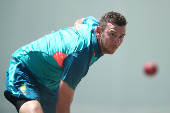 Josh Hazlewood bowling in the SCG nets on Monday. He remains hopeful of a recall for the Sydney Test.