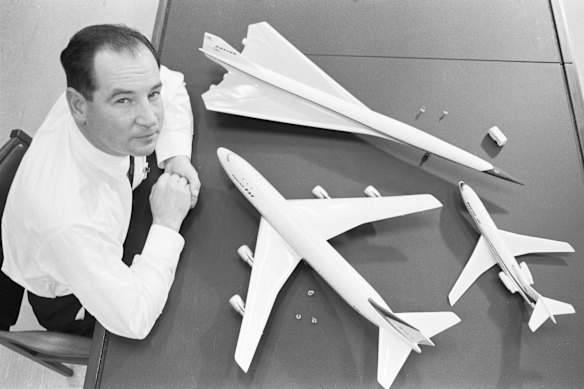 Legendary engineer Joe Sutter of Boeing, considered the father of the 747 jumbo jet, with models of aircraft including (top) the 2707 in 1966.