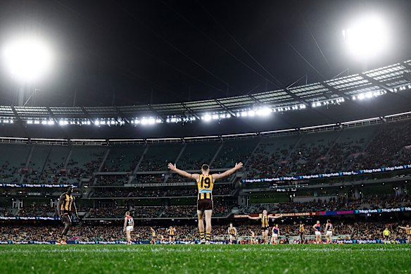Gunston celebrates during the Hawks’ game against Melbourne last month.