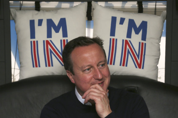 Bristol, UK, June 2016: British Prime Minister David Cameron on his campaign bus the day before the referendum which led to Britain’s departure from the European Union.