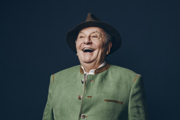 A portrait of Australian comedian, actor, satirist, artist, and author, Barry Humphries.  