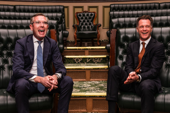 A fine bromance: Former Liberal premier Dominic Perrottet (left) and Labor Premier Chris Minns in the NSW Legislative Assembly.