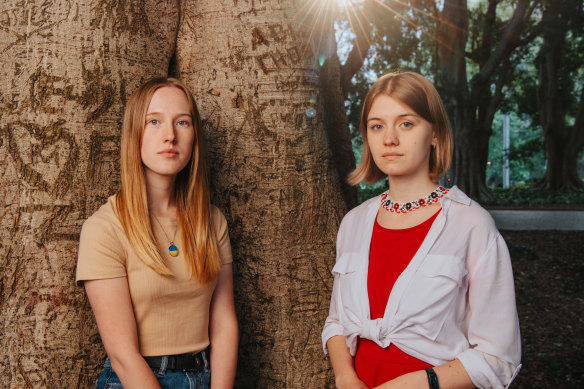 Ukrainian agricultural scientists Svitlana Omelchuk and Maryna Dzuh at Hyde Park in Sydney, this week.