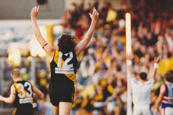 Tiger Matthew Richardson celebrates after the siren after Richmond beat the Bulldogs.