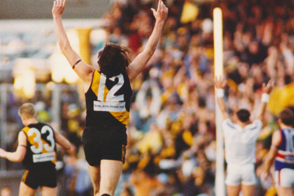 Tiger Matthew Richardson celebrates after the siren after Richmond beat the Bulldogs.