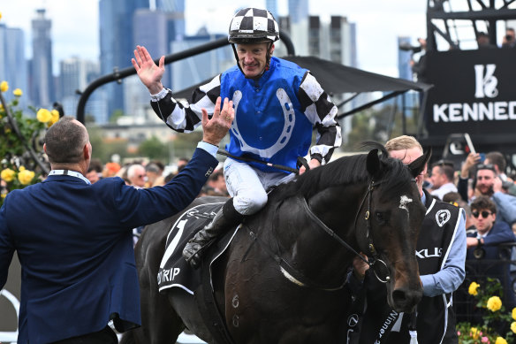 Mark Zahra rides Gold Trip after winning Race 7.