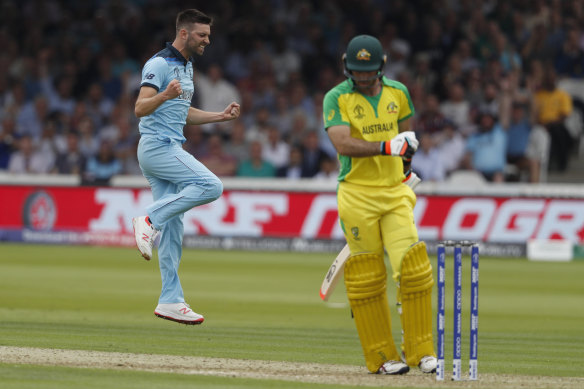Glenn Maxwell is dismissed by England's Mark Wood.