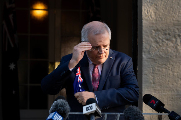 Prime Minister Scott Morrison gives a press conference at Kirribilli House on the COVID-19 situation on Friday.