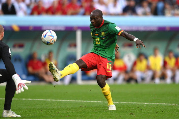 Vincent Aboubakar of Cameroon scores their team’s second goal against Serbia.