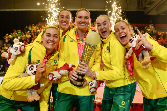 The Australian Diamonds celebrate their World Cup victory in August.