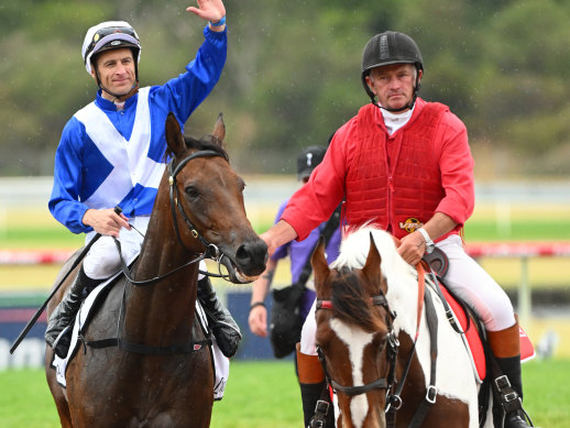 Blake Shinn and Alligator Blood after winning the Futurity Stakes.