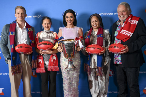 Katy Perry (centre) with fellow grand final entertainers Cody Simpson, Zipporah Corser-Anu, Christine Anu and Mike Brady.