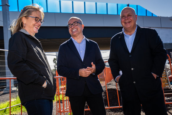 Minister for Transport Infrastructure Jacitina Allan, Acting Premier James Merlino and Treasurer Tim Pallas and  at the new level crossing overpass in Werribee on Tuesday morning.