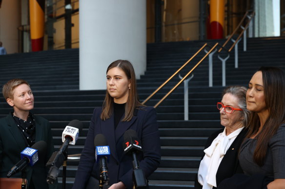 Former Political Staffer Brittany Higgins speaks to the media after meeting with Prime Minister Scott Morrison at the CPO in Sydney on April 30, 2021