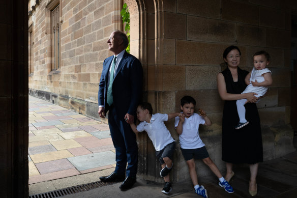 Outgoing University of Sydney vice-chancellor Michael Spence with his wife, Jenny, and three of their children.