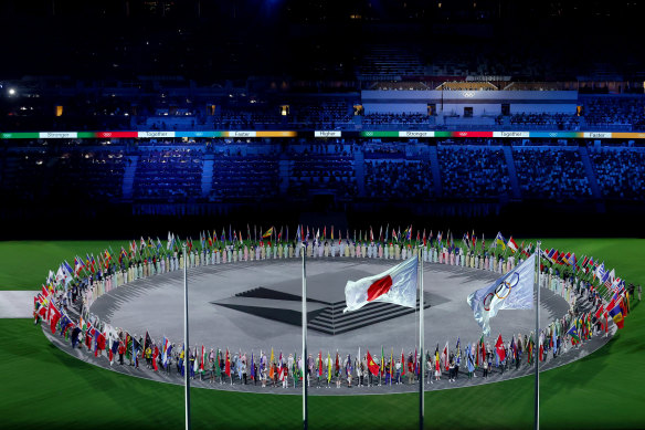 A view as the flag bearers of the competing nations enter the stadium during the closing ceremony.