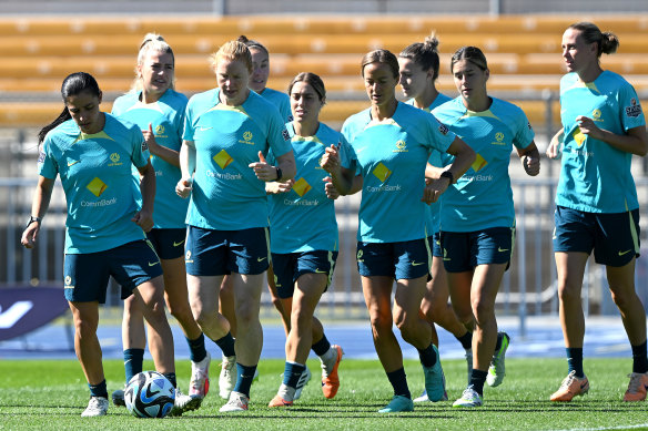 The Matildas train on Sunday.