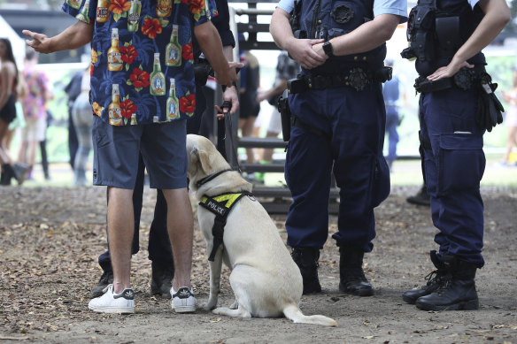 Police question a man after a sniffer dog identified him for suspected drug possession. 