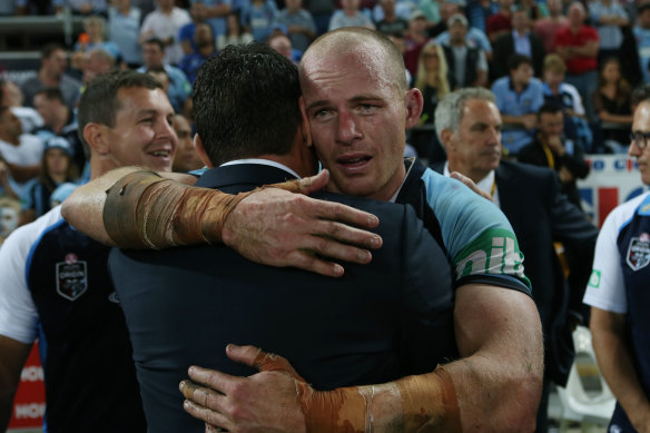 Brutal: Beau Scott is almost out on his feet after NSW’s win in Origin I at Suncorp Stadium in 2014.