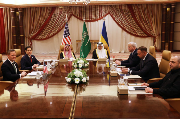 US national security adviser Mike Waltz and  Secretary of State Marco Rubio (left) meet Ukraine’s Foreign Minister Andrii Sybiha, Head of Presidential Office Andriy Yermak and Defence Minster Rustem Umerov (right).