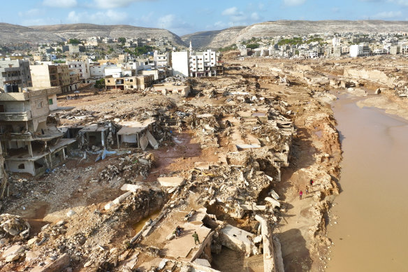 Derna, Libya, after storm Daniel unleashed a torrent that broke two dams and wiped out entire suburbs.