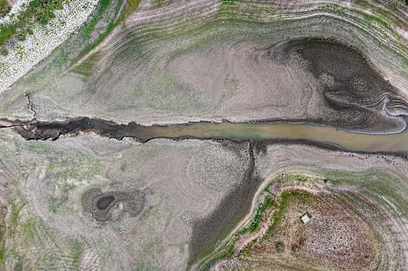 An aerial view of Tittesworth Reservoir in the Staffordshire Moorlands showing low water levels as the heatwave continues on in Leek, United Kingdom.