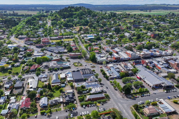 An aerial view across Daylesford, including the crash scene near the town’s main roundabout.