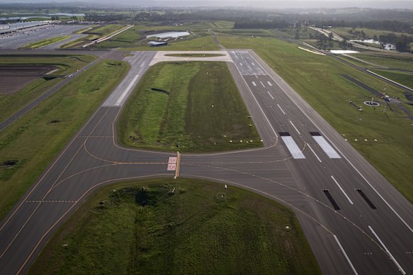 The cargo precinct, far left, is at the southern end of Western Sydney Airport’s 3.7-kilometre runway.