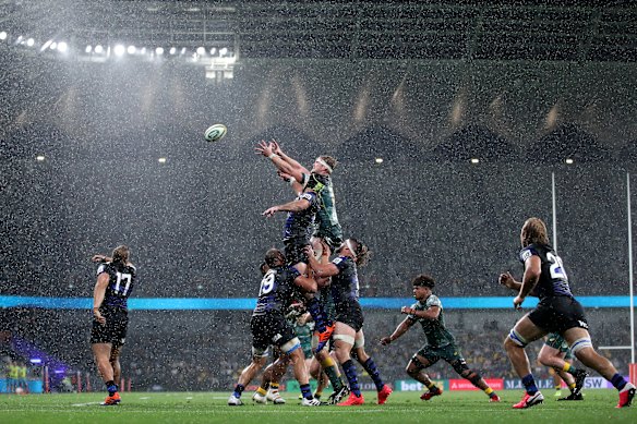 Matt Philip competes for a lineout against Argentina at Bankwest Stadium in December, 2020.