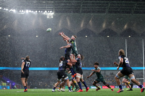 Matt Philip competes for a lineout against Argentina at Bankwest Stadium in December, 2020.