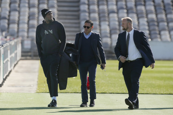 Central Coast Mariners chief executive Shaun Mielekamp (right) with Usain Bolt in 2018.