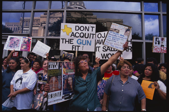 Selena fans congregate outside the courthouse in Houston, Texas during the slain singer’s murder trial.