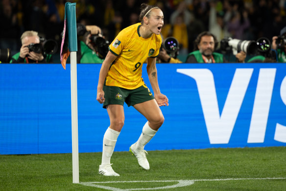 Caitlin Foord celebrates after scoring the first Australian goal.