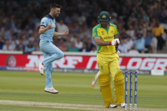 Glenn Maxwell is dismissed caught behind off Mark Wood.