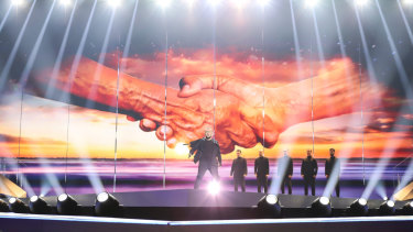 Politics, art and symbolism: Oto Nemsadze, from Georgia, performs Keep on Going at Eurovision rehearsals.