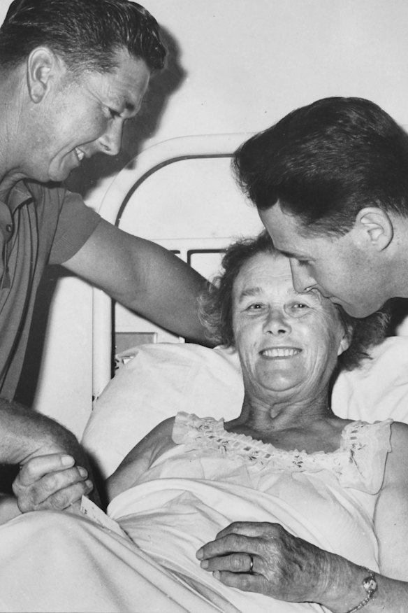 Kevin (left) and David Rogers of Mildura greet their mother, Maisie Rogers at Benella Hospital after the crash.