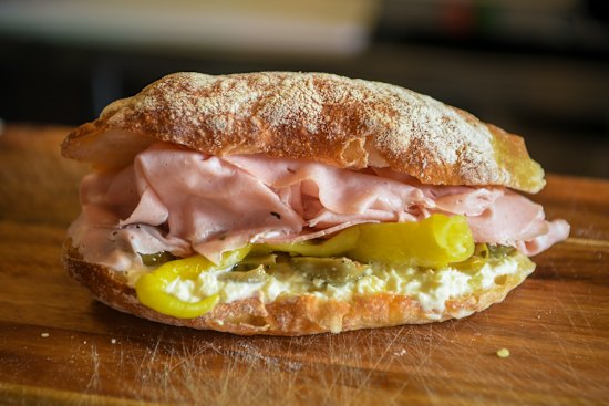 The Bologna with mortadella, stracciatella, pickled peppers and olives.