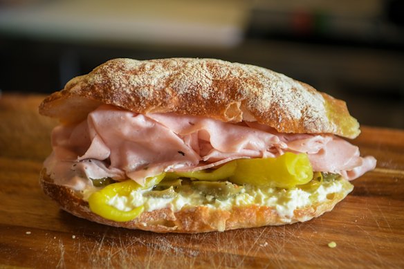 The Bologna at Stefanino Panino with mortadella, stracciatella, pickled peppers and olives.