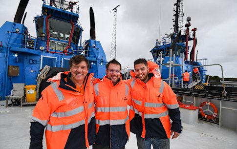 The tugboat heroes who helped to save the Portland Bay freight ship from being washed ashore.  The crew from the SL Diamantina: engineer Marius Fenger, ship’s captain Brad Lucas and deckhand Alex Alsop.