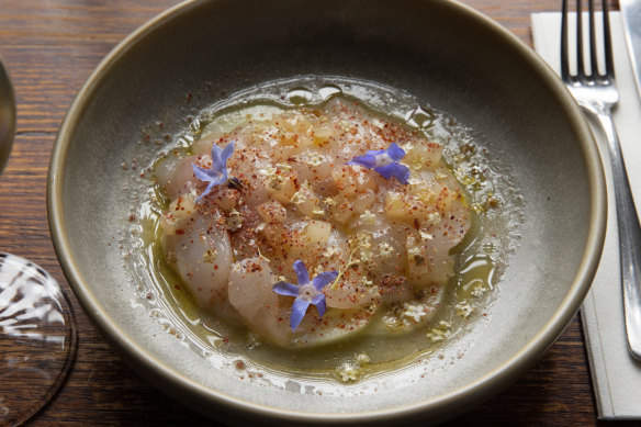 Sea bream crudo with apple cucumber and salted white peach.