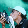 Joaquin Niemann celebrates his victory in the Adelaide LIV tournament on Sunday.