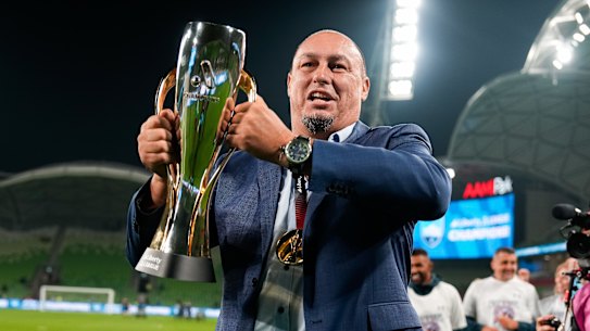 Ante Juric lifts the A-League Women’s grand final trophy last year.