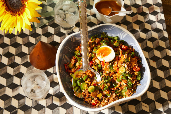 Crispy rice salad with sambal peanut sauce.