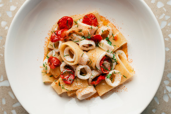 Calamarata, sun dried tomatoes, SA squid, white wine. 