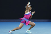 Naomi Osaka belts a forehand during her win over Madison Brengle.