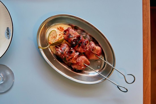 Grilled beef tongue skewers with tonnato at Bar Superette.