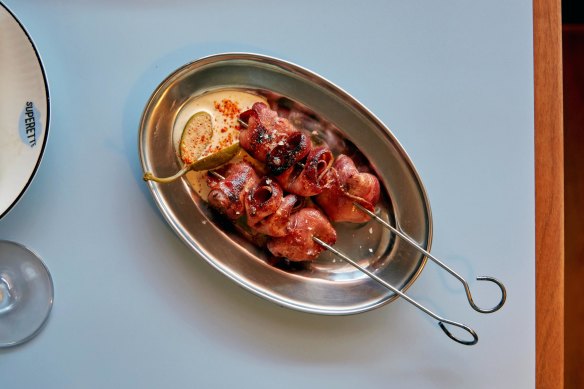 Grilled beef tongue skewers with tonnato at Bar Superette.