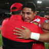 Jason Taumalolo celebrates Tonga's shock Test win over the Kangaroos last year.